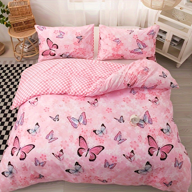 3pcs Fashion Fresh Duvet Cover Set, Butterfly Flower Print Bedding Set, Soft Comfortable Breathable Duvet Cover, For Bedroom Guest Room Decor (1*Duvet Cover + 2*Pillowcase, Without Core)