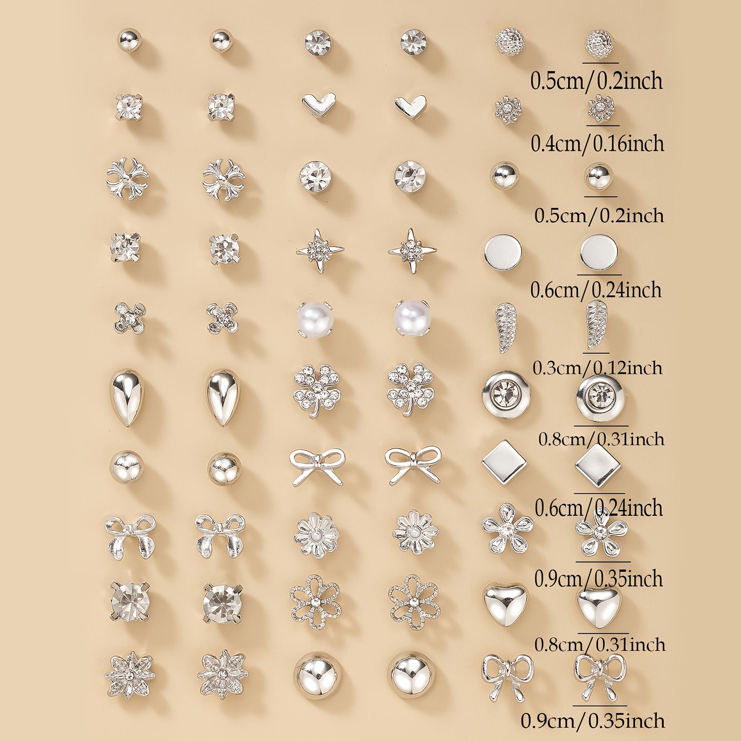 [30 Pairs Stylish Silvery Pearl Earrings] A Set of 30 Pairs of Stylish And Simple Silvery Metal Water Drill Heart-Shaped Faux Pearl Earrings in Various Flower Designs, Perfect for Gifting During Holidays And Suitable for Ever