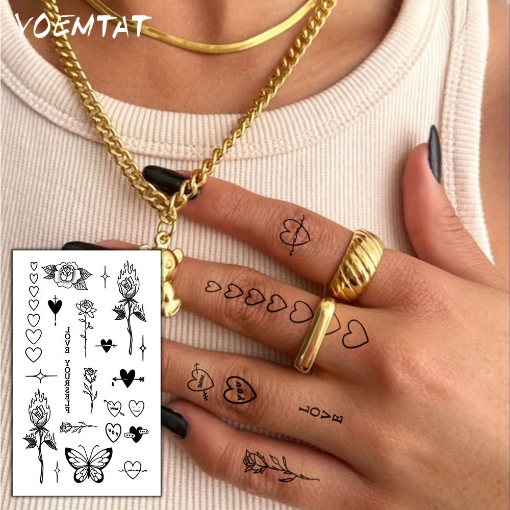Finger Tattoo Waterproof Temporary Tattoo Sticker Rose Flower Flame Thorn Love Arrow Butterfly Cute Text Totem Body Art Arm Fake Tattoos for Women Men Neck Wrist