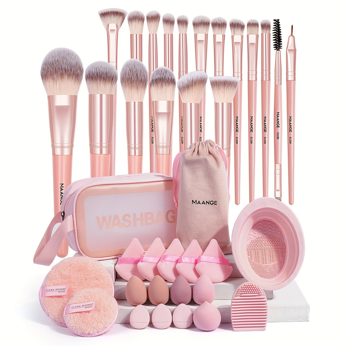 1 Set, MAANGE 18-Piece Makeup Brushes Kit With Makeup Sponge, Powder Puff, Finger Puff, Makeup Removal Puff, Cleaning Pad And Washbag, Portable Full Makeup Tools Set, Travel Size Cosmetic Brush Collection, Ideal Gift For Her