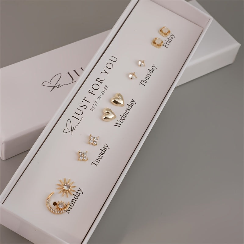 Gift Box Set Featuring Synthetic Zirconia, Allowing for Casual Mix-And-Match for All Seven Days of The Week. Designed with a Star And Moon Goddess Theme, It Includes Smooth Heart Shapes And Hollow Flower Designs, Perfect for