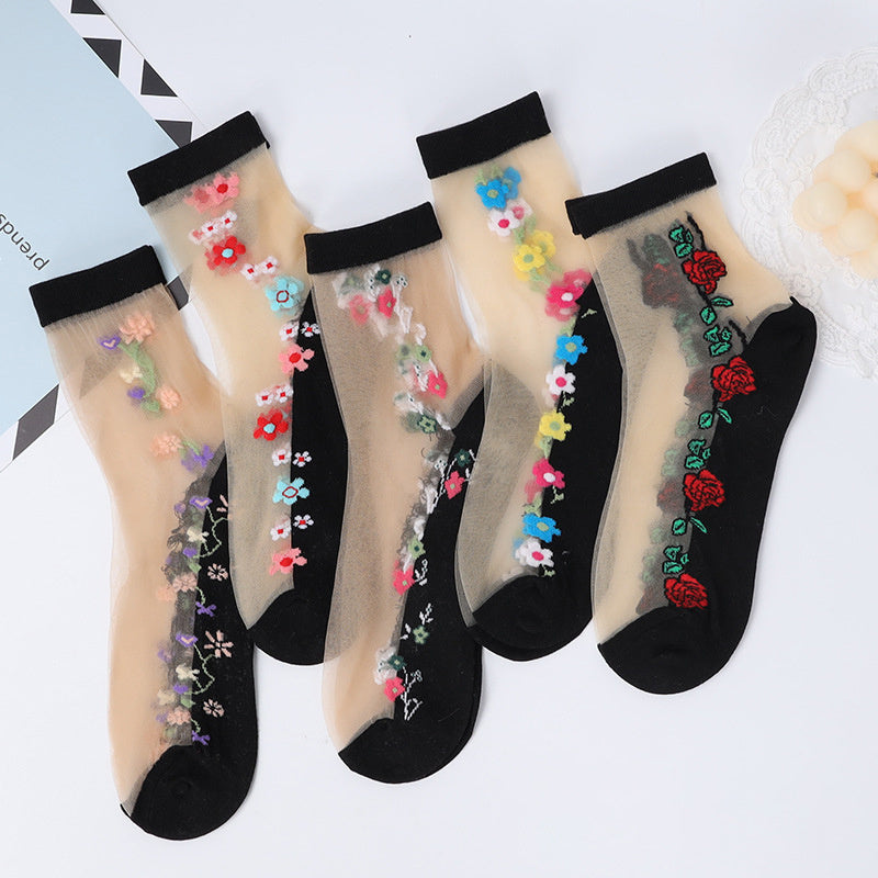 5 Pairs Mesh Floral Print Mid Tube Socks, Crystal Glass Short Thin Socks, Women's Stockings & Hosiery