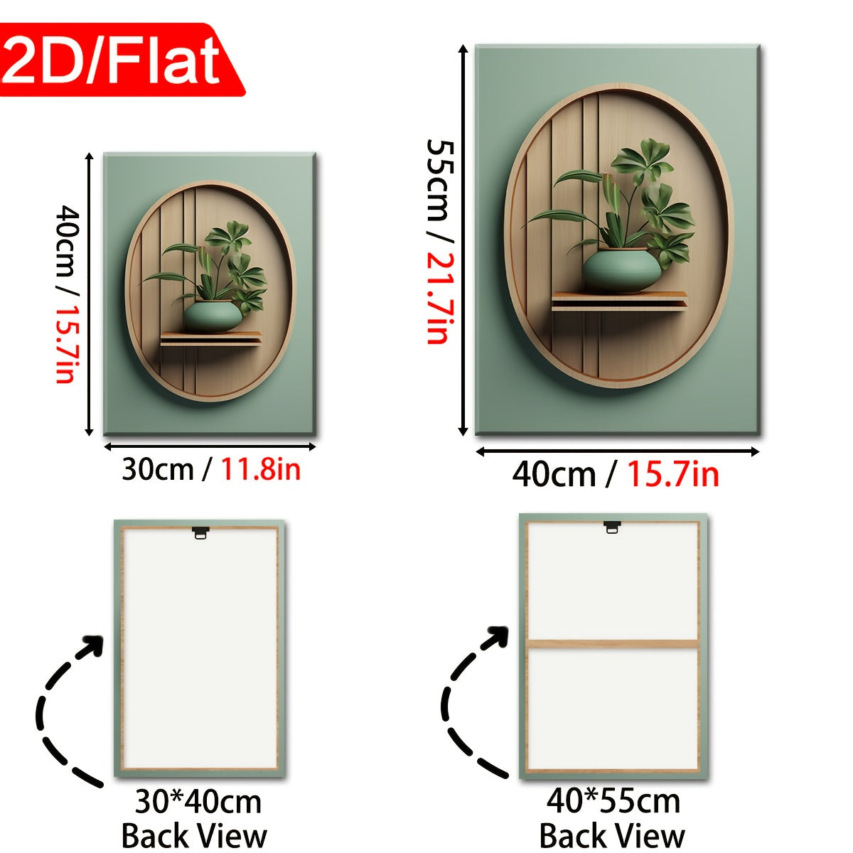 2D Flat Three 2D Printed Artworks with Frames, Including Canvas Paintings And Posters, Ready to Hang. They Feature a Modern Minimalist Style with Plant Vase Shapes, Creative Wood Carvings, And Serve As Home Decor, Wall Art, A
