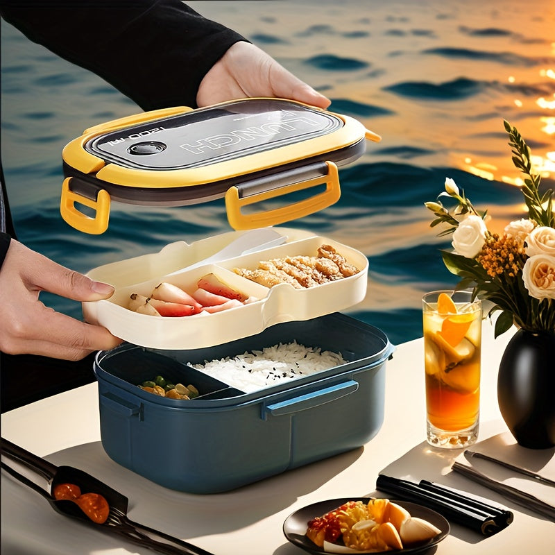 1200ml 2-Layers Sealed Lunch Box Fruits Student Office Worker Microwavable Bento Box with Fork Spoon( Without Chopsticks),back to school