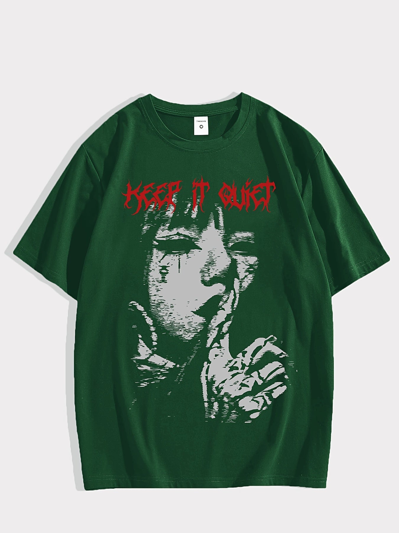 Men'S Keep it Quiet Gothic Character Graphic Tee - Casual Polyester Short Sleeve T-Shirt with Bold Red Lettering, Crew Neck, Spring/Autumn Streetwear
