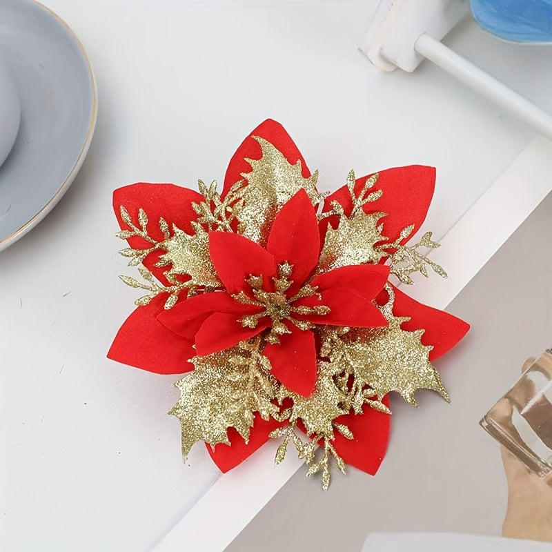 60-Piece 5.5-Inch Shiny Double-Layer Pink Edge - Christmas Floral Strips with Tree Decor and Wreath Accessories - Ideal for Holiday Parties & Weddings - Includes 30 Flower Branches + 30 Clips