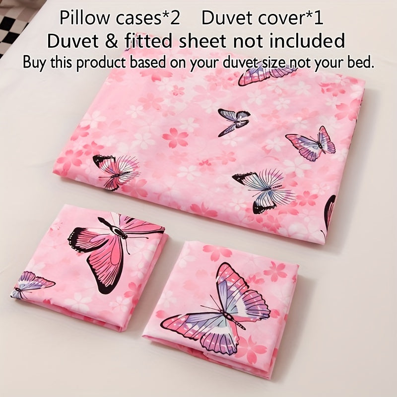 3pcs Fashion Fresh Duvet Cover Set, Butterfly Flower Print Bedding Set, Soft Comfortable Breathable Duvet Cover, For Bedroom Guest Room Decor (1*Duvet Cover + 2*Pillowcase, Without Core)