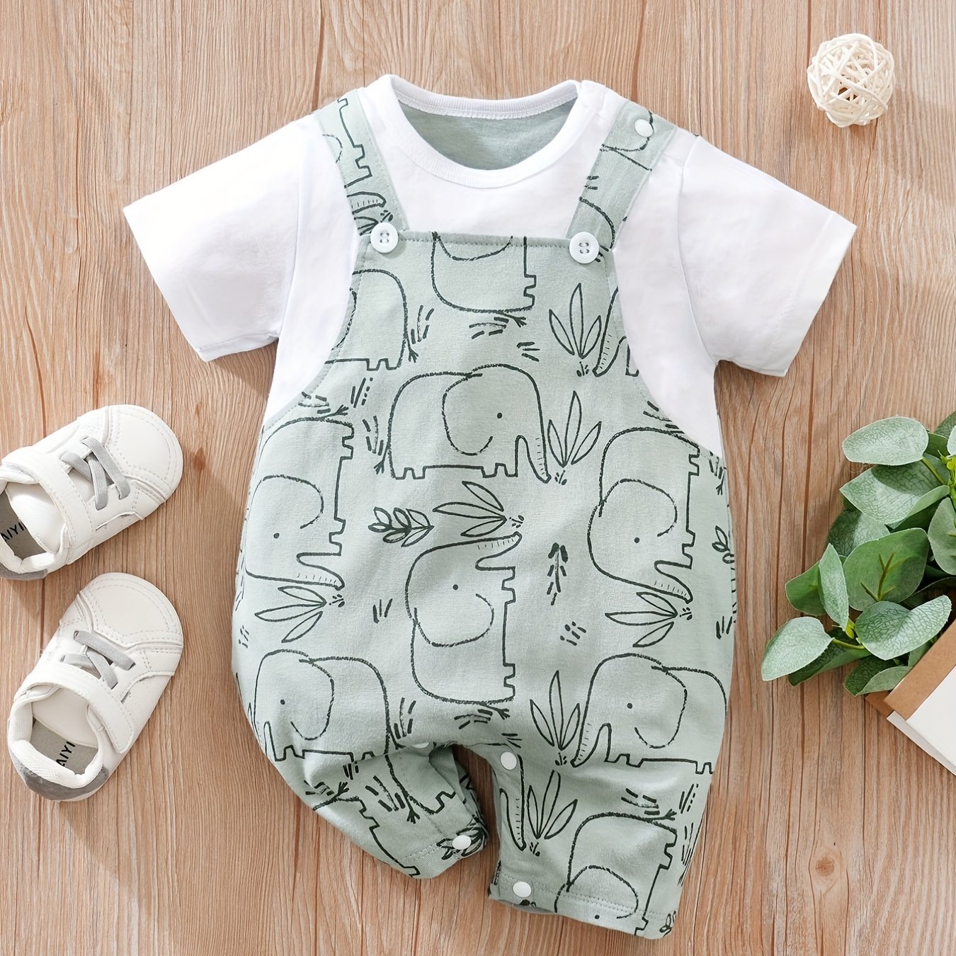 Baby Boy's Cute Elephant Print Short Sleeve Romper, Newborn's Clothes
