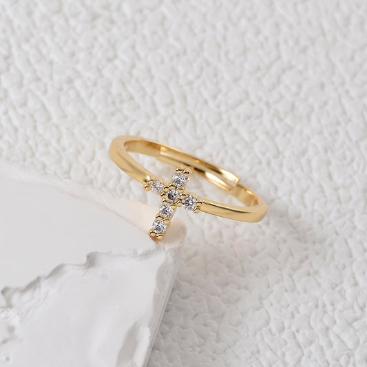 Adjustable Fit| Elegant Golden-Tone Adjustable Cross Ring with Sparkling Zirconia - Chic Daily Wear or Gift Option, Copper Material