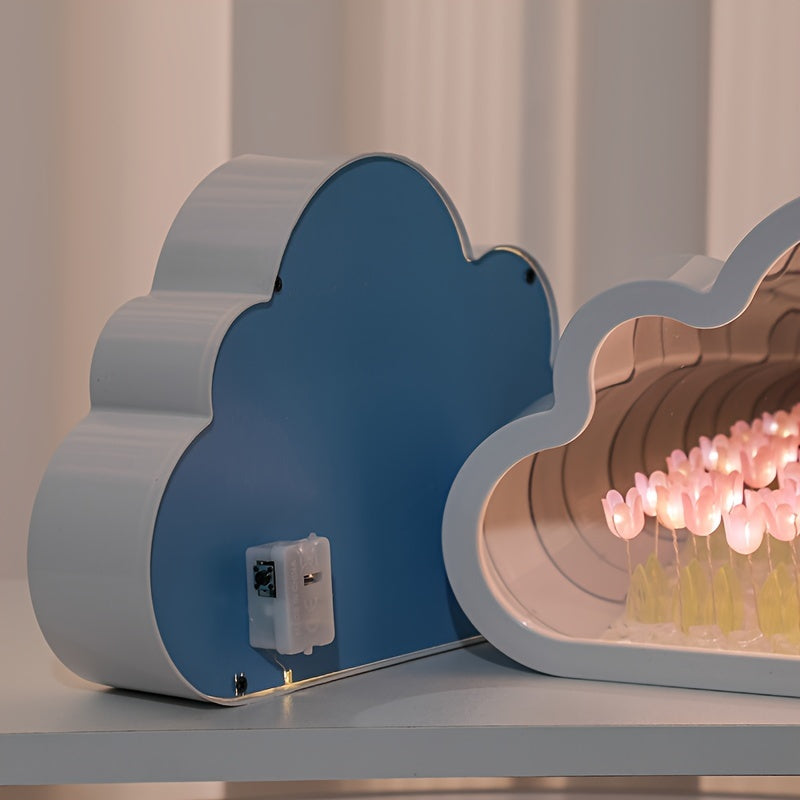 1pc Handcrafted Tulip Cloud LED Night Light with Mirror - Multicolor Flower Sea Glow, Adjustable Brightness, Battery-Powered Desk Lamp for Bedroom & Living Room Ambiance - Ideal Gift for Girlfriend, Best Friend on Christmas,