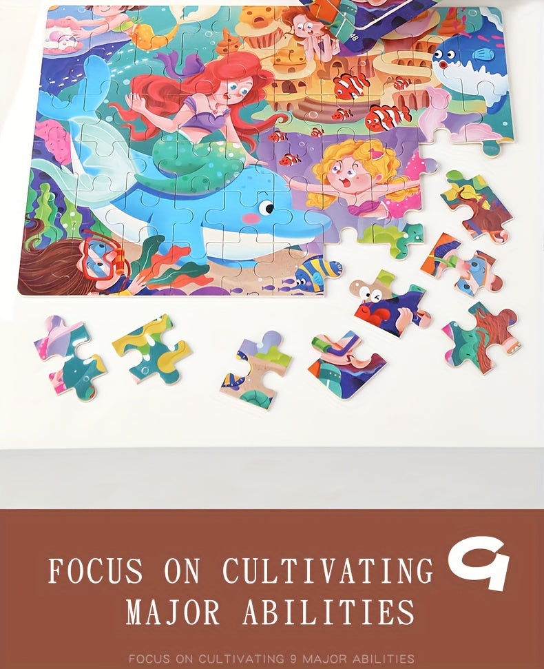 60pcs Wooden Large Piece Children's Cartoon Puzzle, Early Education Enlightenment Education Hands-on Ability Assembled Cute Mermaid Cartoon Character