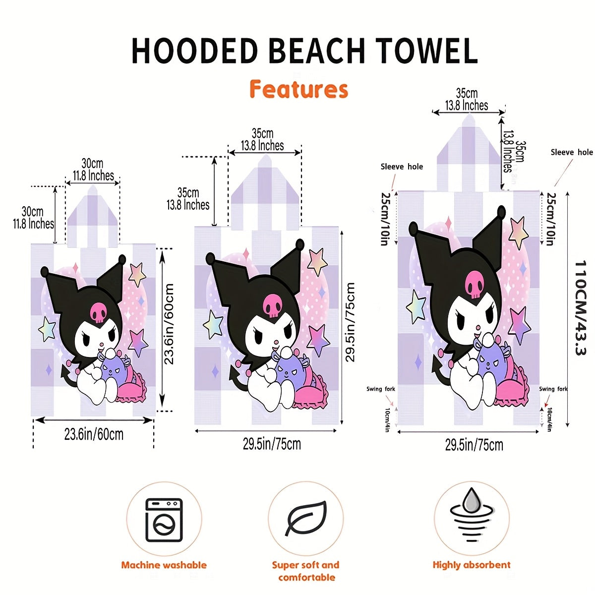 1pc Sanrio Kuromi Adult & Wearable Beach Towel with Kuromi Face Hood - Quick-Dry Microfiber Bath Robe, Cute Kuromi Print for Pool, Bath, Travel - Officially Inspired Sanrio Character Outfit
