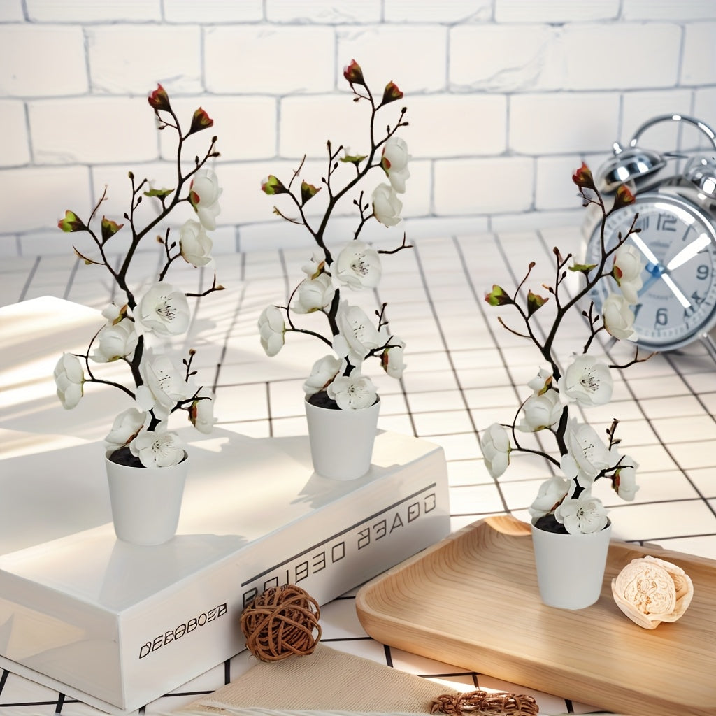 3pcs Elegant Artificial Plum Blossom Set with Vase - Faux Greenery, Simulated Potted Plant, Home Decor and Tabletop Filler, Perfect for Weddings, Festivals, Valentine's Day, Office, DIY Decorations, All-Season Artificial