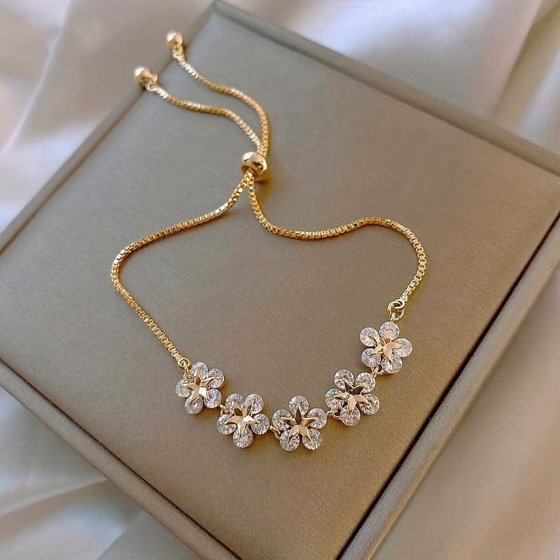 Adjustable Flower Beaded Chain Bracelet Inlaid Shiny Zircon 14K Plated Copper Hand Jewelry Decor For Women & Girls