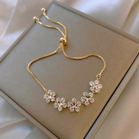 Adjustable Flower Beaded Chain Bracelet Inlaid Shiny Zircon 14K Plated Copper Hand Jewelry Decor For Women & Girls