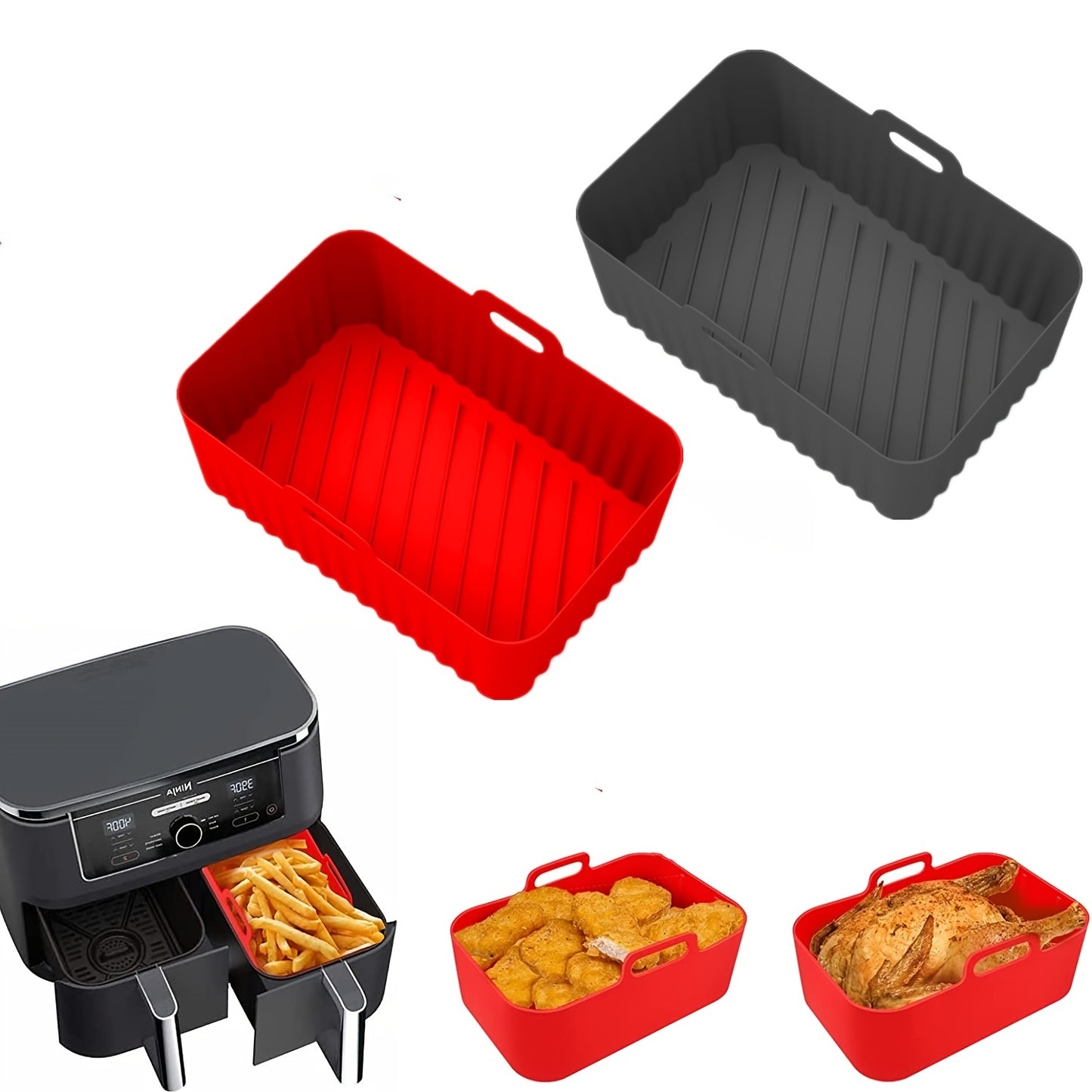 1/2pcs Square Air Fryer Silicone Pots - Reusable Non-Stick Baking Trays with Handles, High-Temp Resistant Oven & Air Fryer Liners, 19.48x12.7x6.99 cm, Easy Clean (Black/Red/Blue/Grey), Air Fryer Silicone Liners
