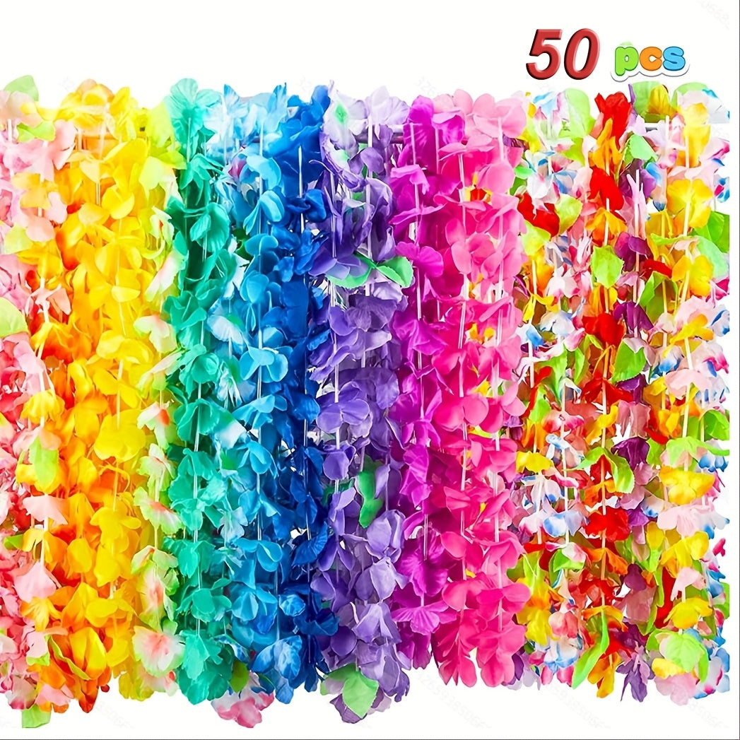 50pcs Hawaiian Flower Lei Necklaces - Polyester Tropical Luau Party Favors for Weddings, Birthdays, Graduations, Bridal Showers - Versatile Carnival Theme Decorations for Christmas, Halloween, Summer - No Feathers, Electricit