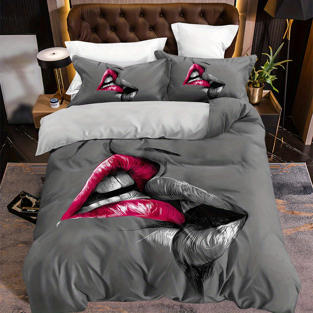 3pcs Couple Bedding Kiss Sketch Crimson Lips Kissing Guest Room Duvet Cover Set (1pc* Duvet Cover + 2pcs Pillowcase, No Pillow Core)