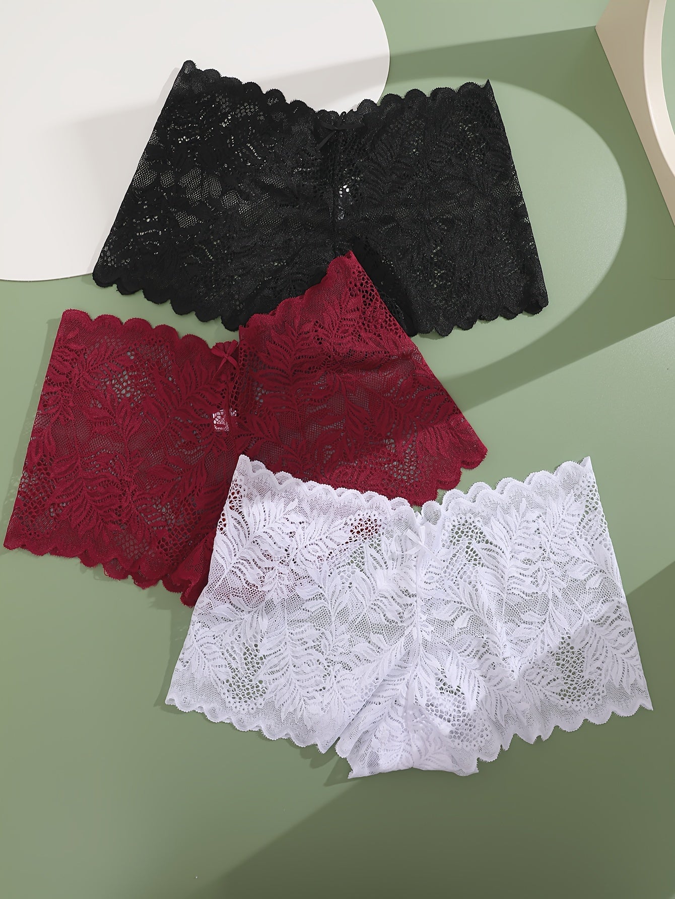 3pcs FINETOO Women's Sexy Low-Rise Lace Boyshort Panties - Breathable, Stretchy Nylon Blend with Floral Pattern, Scalloped Trim in Black, White, & Pinkish-Beige