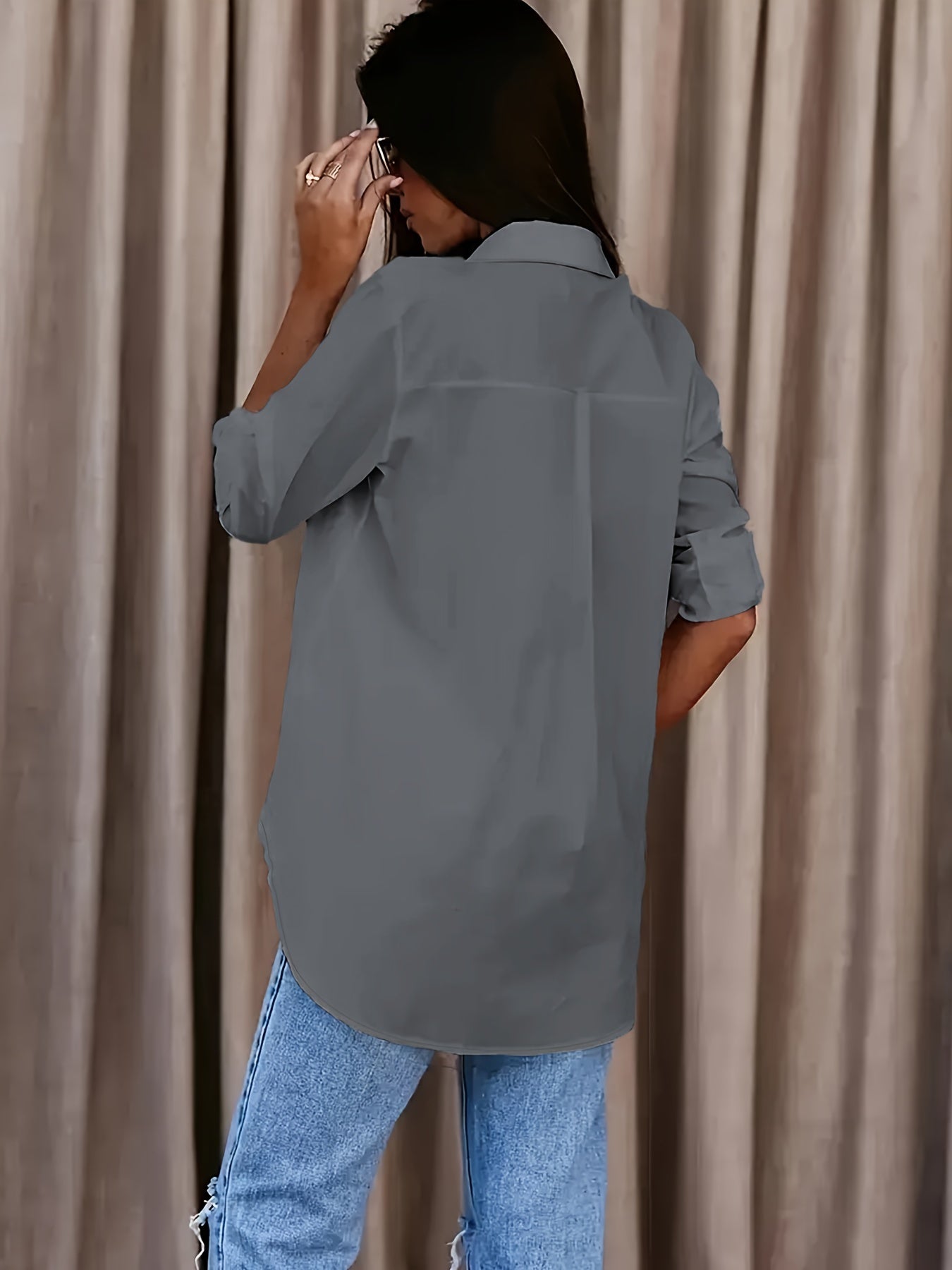 Solid Button Front Shirt, Casual Turn Down Collar Office Work Shirt, Women's Clothing