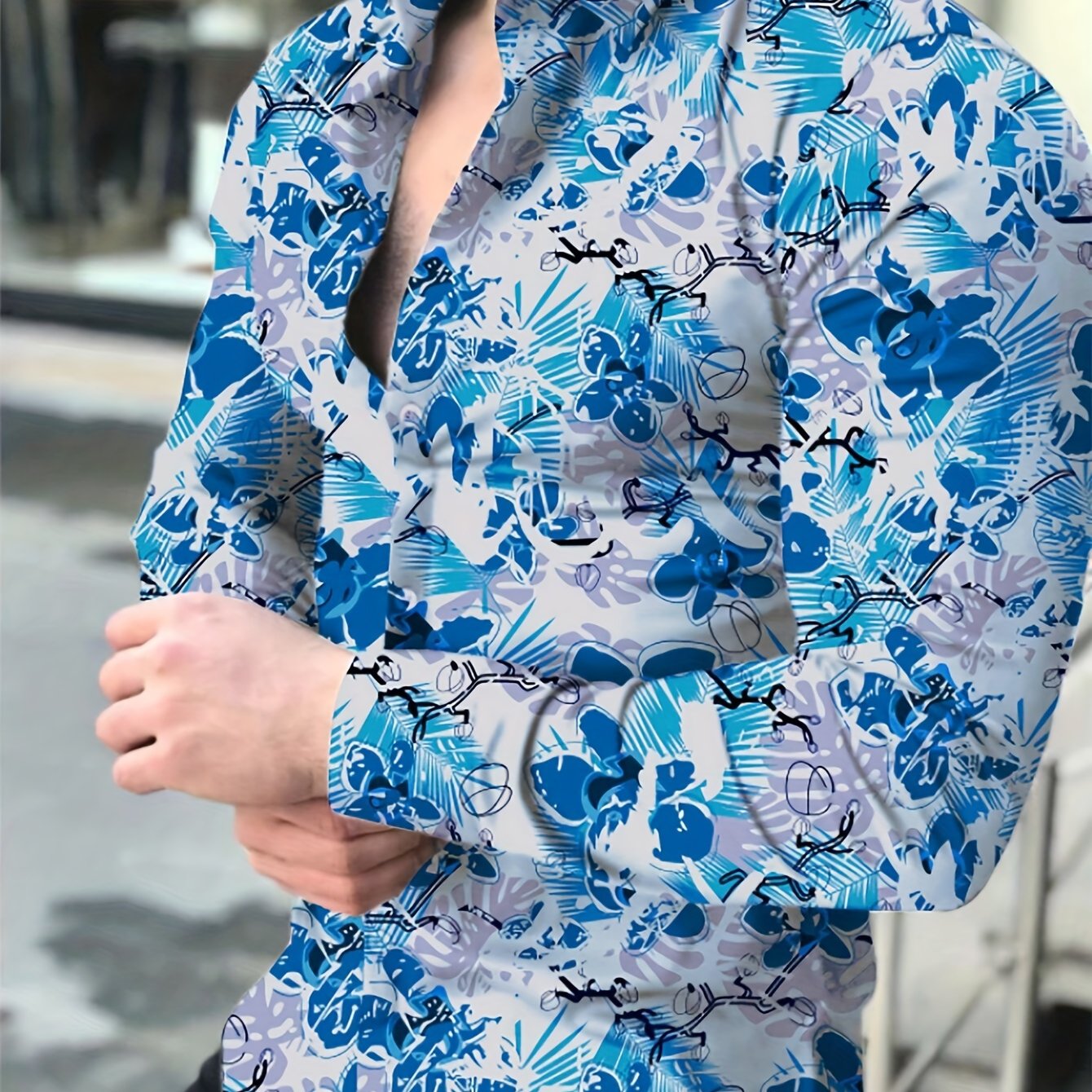 Retro Style Flower Print Men's Casual Long Sleeve Button Up Lapel Shirt, Spring Fall