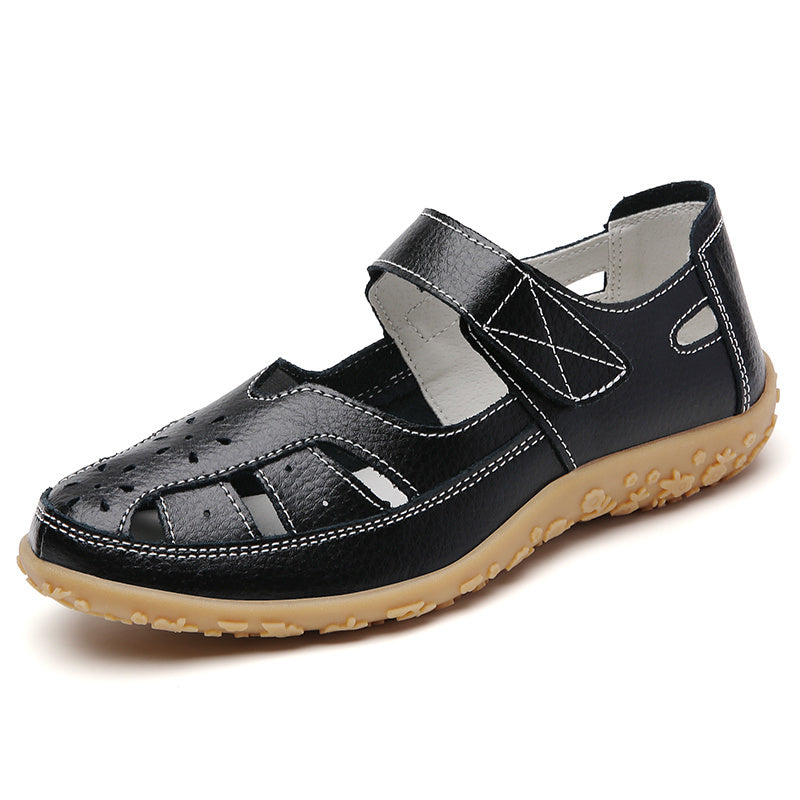 Soft Sole Women's Cut-out Flat Sandals, Non Slip Closed Toe Casual Walking Shoes with Hook & Loop