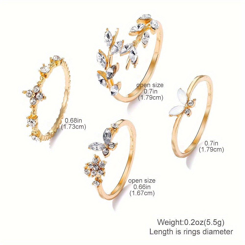 4pcs Stylish Stacking Rings Sparkling Leaf/ Butterfly/ Flower Design Inlaid Gemstone Match Daily Outfits Party Accessories
