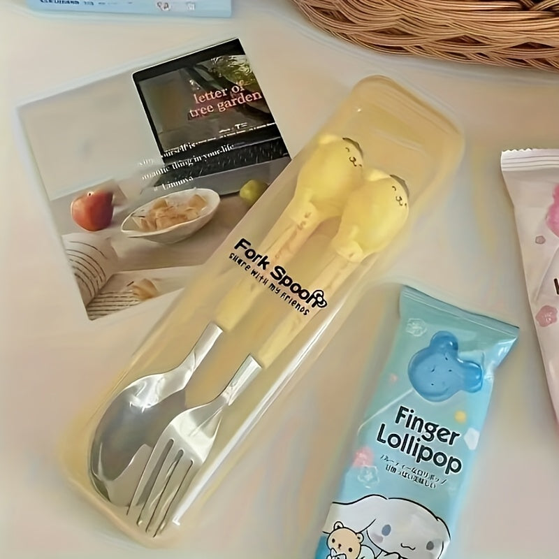 Sanrio Cute Cartoon 2pcs Tableware Suit-Stainless Steel Portable Travel Fork and Spoon with Cute Character Handle, Outdoor Eating Essentials, Onthego Dining, Fun Utensils, Stylish Cutlery, Polished Finish, Highquality Steel,