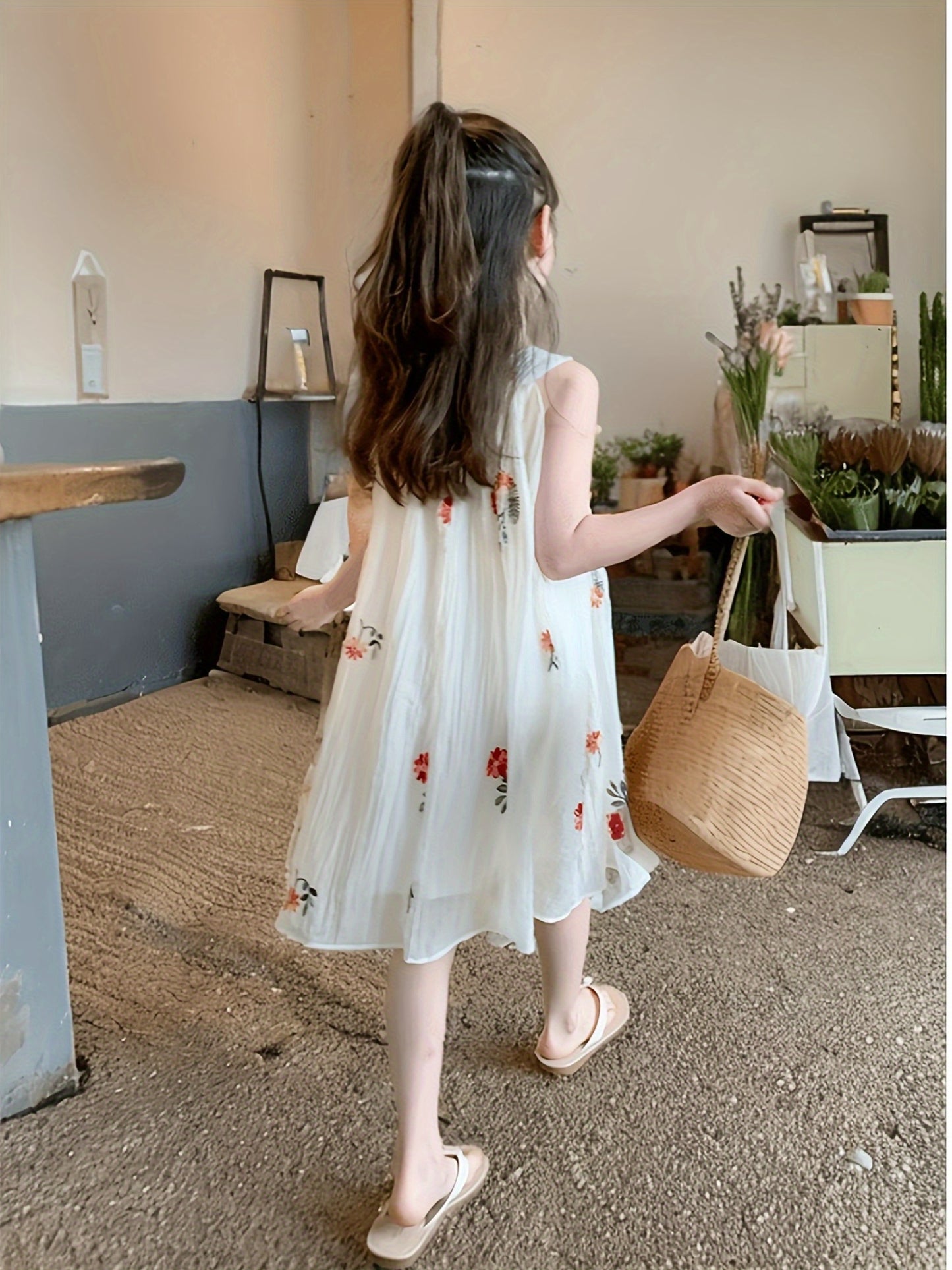 Summer New Bohemian Style Flower Embroidery Mesh Overlay Dress | Sleeveless, Non-Stretch Fabric, Flared Hem, Round Halter Neck, Ideal for Casual and Travel Vacation, Little Thin Princess Dress