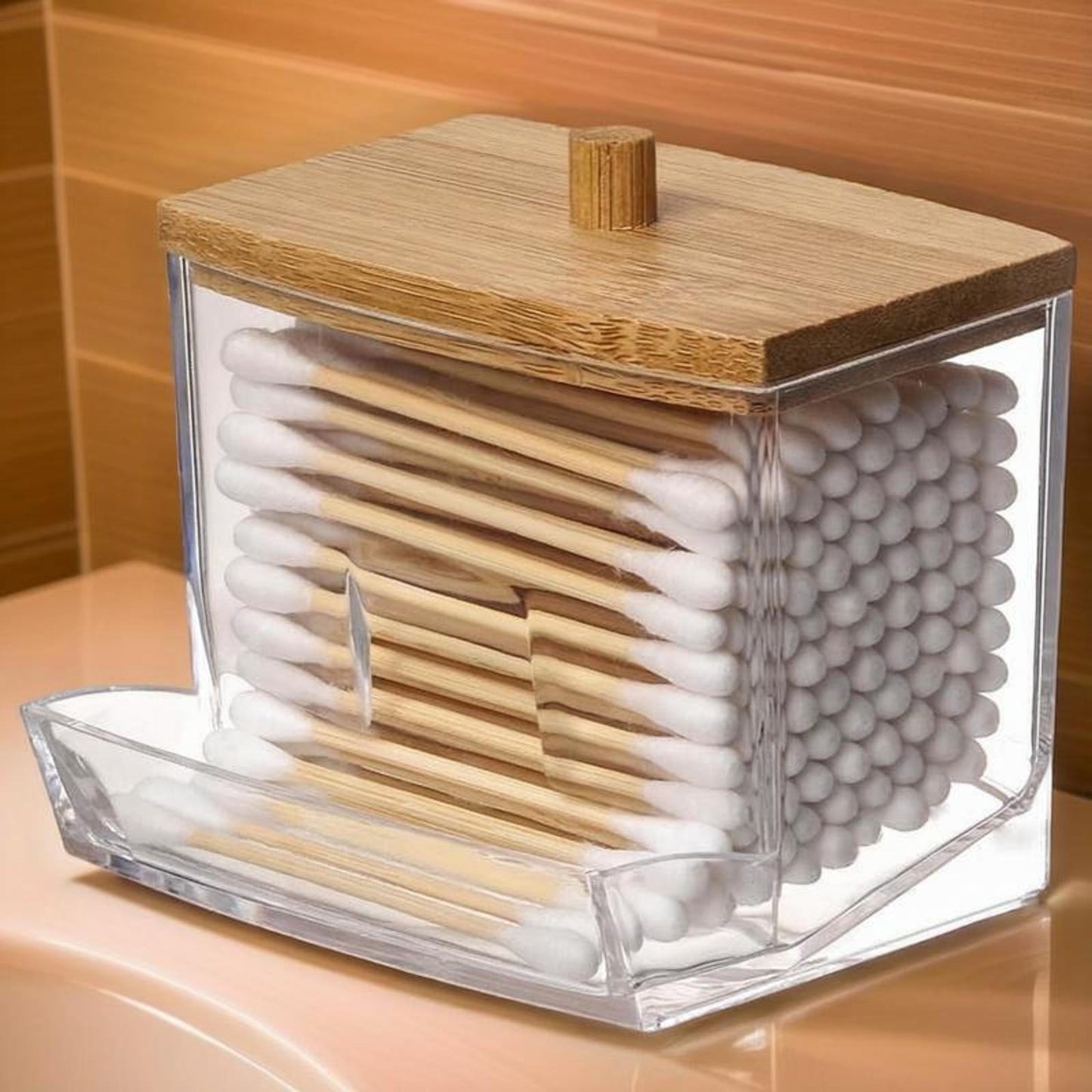 [1pc Acrylic Swab Holder] Clear Acrylic Swab Holder with Wooden Lid - 7oz Sleek, Polished Bathroom Container for Swabs & Pads | Lightweight & Easy to Install | 1pc Bathroom Accessories