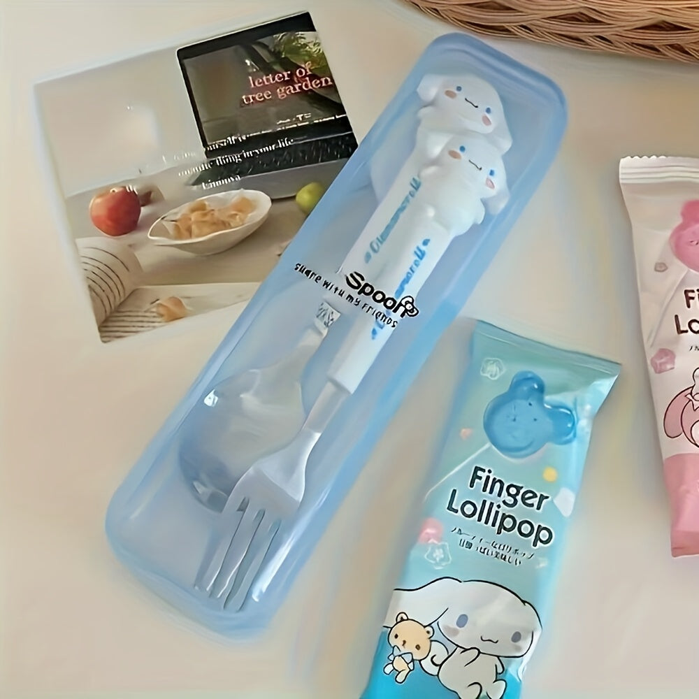 Sanrio Cute Cartoon 2pcs Tableware Suit-Stainless Steel Portable Travel Fork and Spoon with Cute Character Handle, Outdoor Eating Essentials, Onthego Dining, Fun Utensils, Stylish Cutlery, Polished Finish, Highquality Steel,