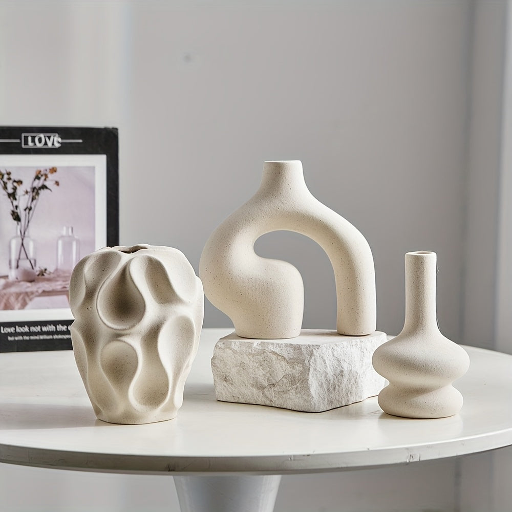 3pcs Boho Ceramic Vase Set - Modern Nordic Minimalist Round & Donut Shaped, Geometric Pattern, Ideal for Trendy Home Decor, Living Room, Entryway, Coffee Table - No Battery Required, Decorative Gift