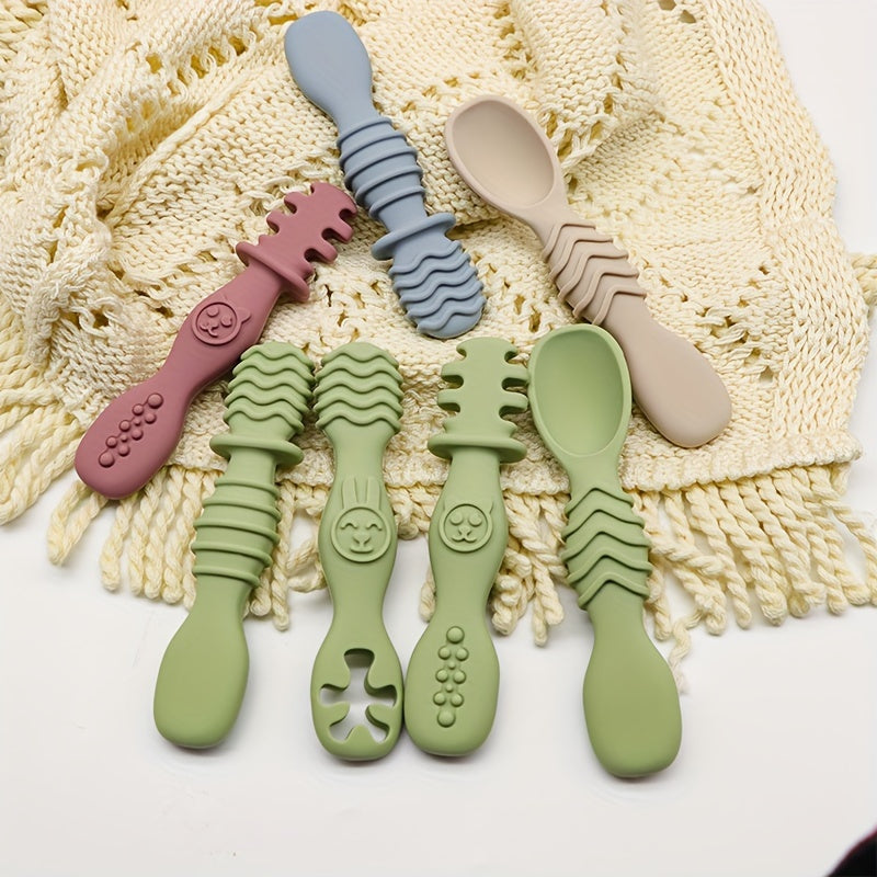 4pcs Baby Silicone Chewing Spoon Set, Food Grade Silicone Spoon And Fork Set, Silicone Spoon, Silicone Cutlery Training, Soft Feeding Cutlery