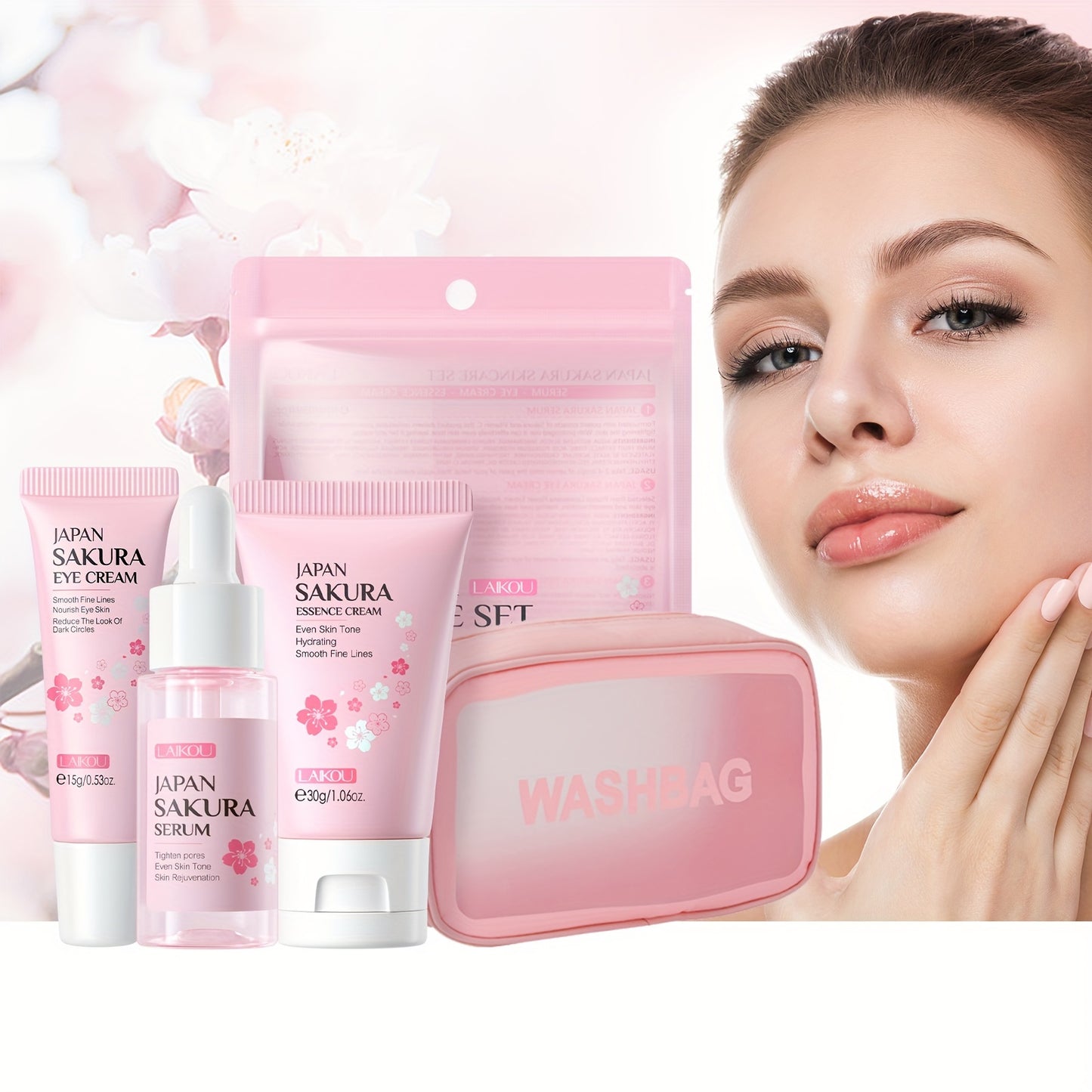 3-Piece LAIKOU Sakura Skin Care Set - Rejuvenating, Moisturizing, and Firming for Radiant Skin - Includes 17ml Serum, 30g Face Cream, and 15g Eye Cream