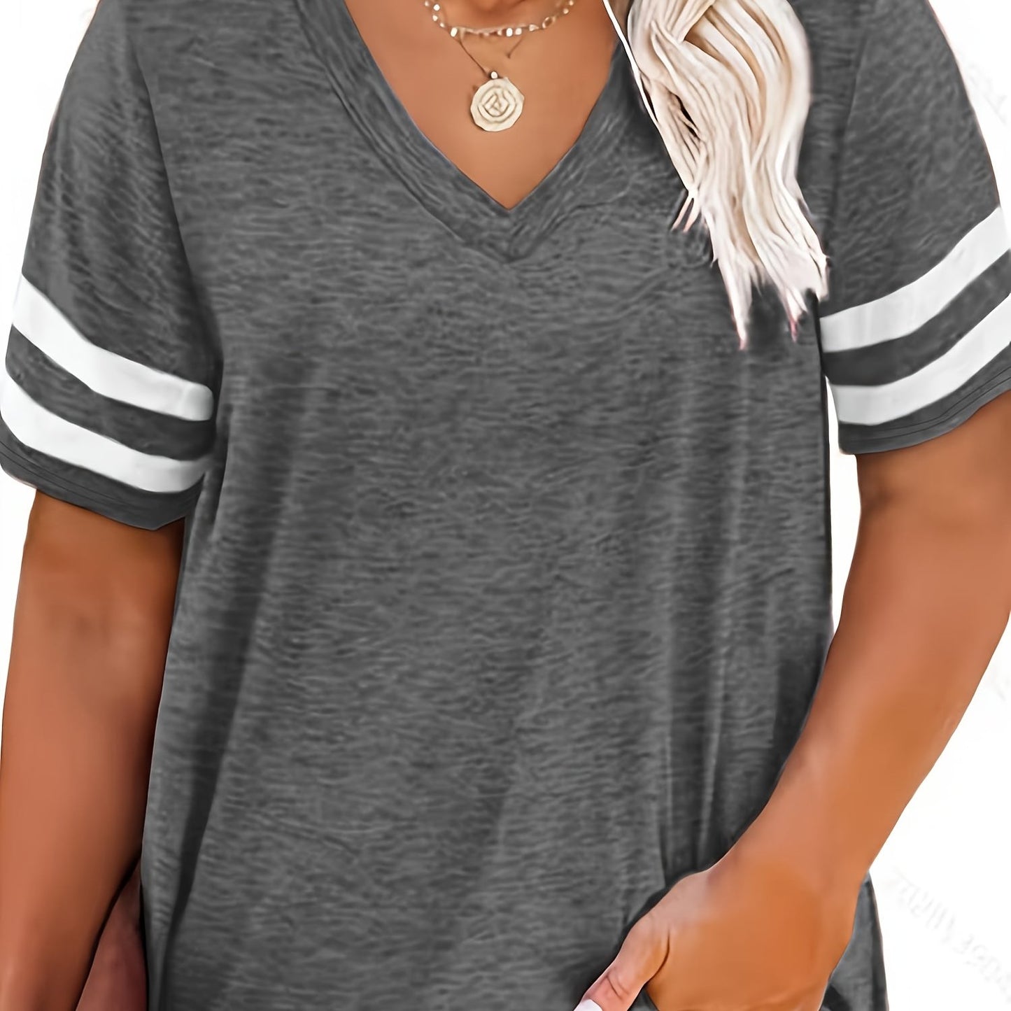 Plus Size Women's V-Neck Short Sleeve T-Shirt - Lightweight Stretchy Summer Tee with Random Print, Loose Casual Fit, Machine Washable, Sizes XL-5XL for Everyday & Office Wear, Versatile Clothing, Striped Print Shirt, Soft Fab