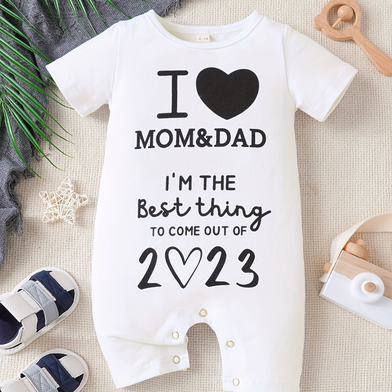 Baby Boys And Girls Casual "I Love My Mom & Dad" Printed Short Sleeve Romper, Cute Comfy Outdoor Jumpsuit Clothes