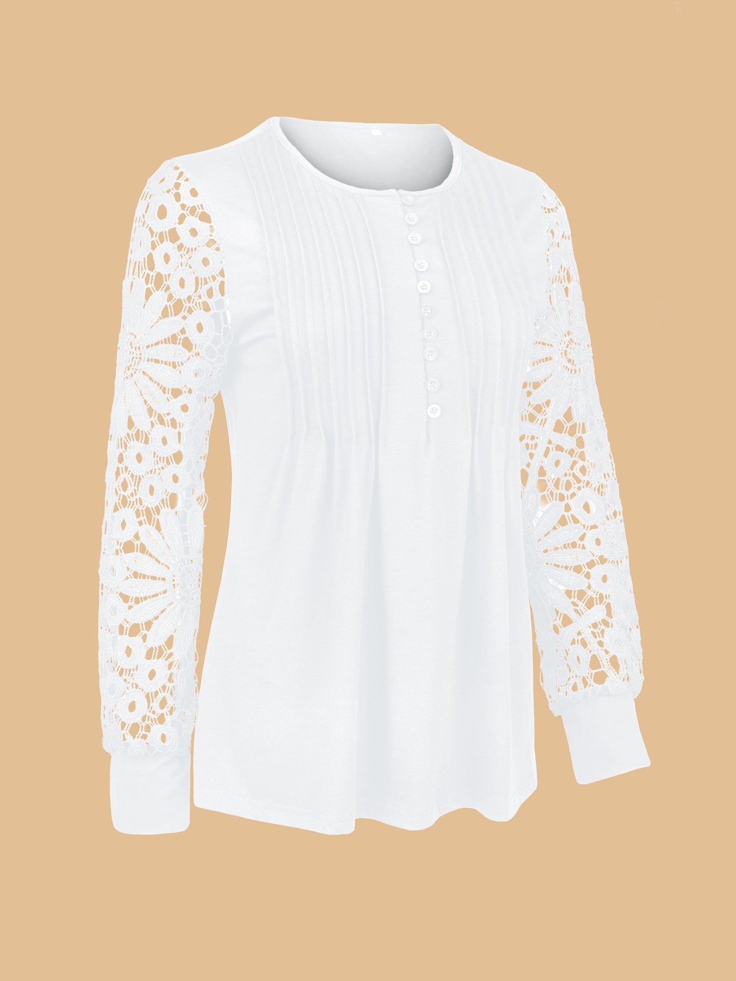 Lace Contrast Pleated Front T-Shirt, Button V Neck Long Sleeve T-Shirt, Casual Every Day Tops, Women's Clothing