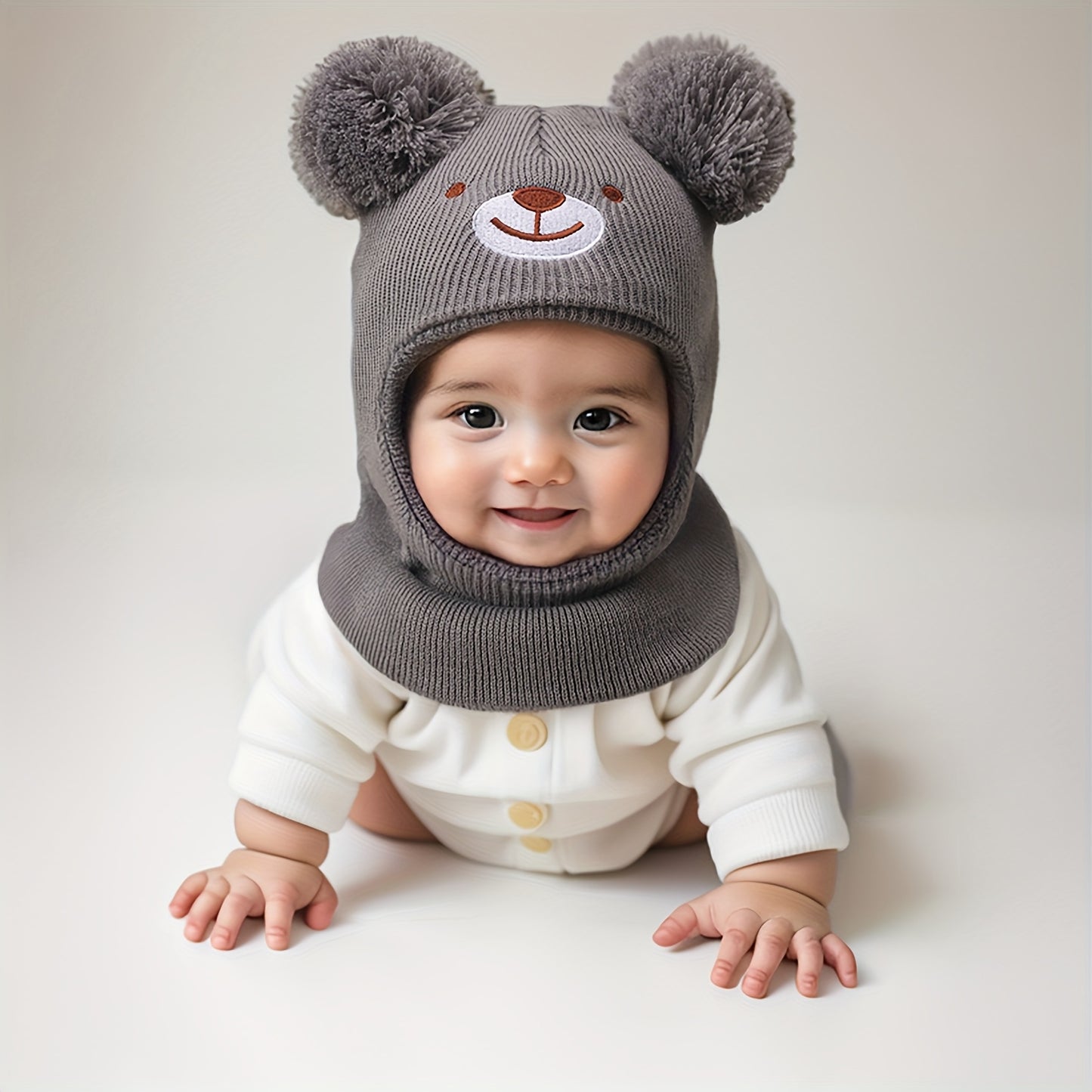 1pc 0-8 Years Baby Bear Ear Balaclava Mask & Beanie Hat - Cute White Winter Ski Mask with Ears, Soft Knit-like Texture for Boys & Girls, Warm Toddler Accessory (Brown/Pink/Black) - Hand Washable Kids Clothing