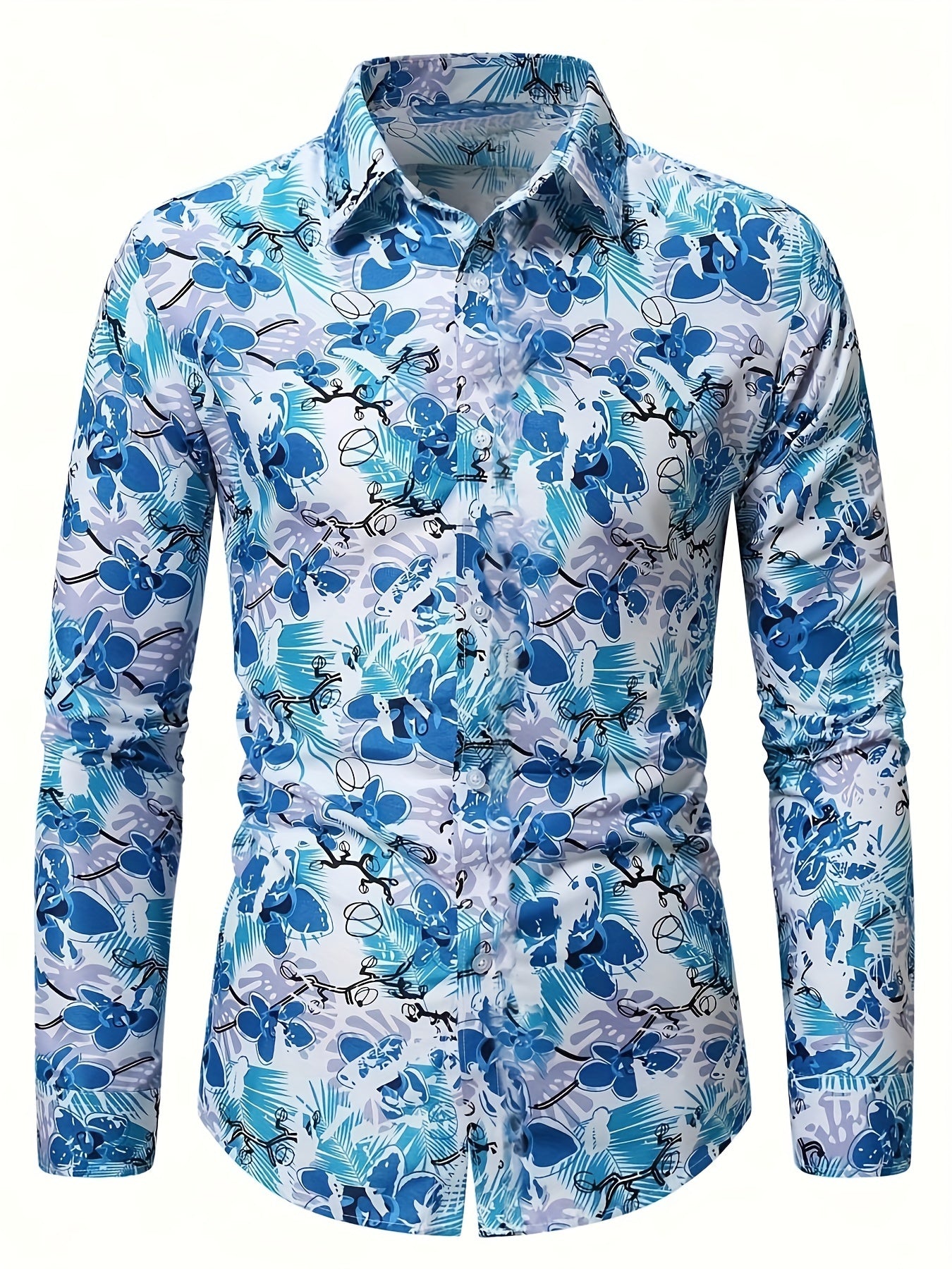 Retro Style Flower Print Men's Casual Long Sleeve Button Up Lapel Shirt, Spring Fall