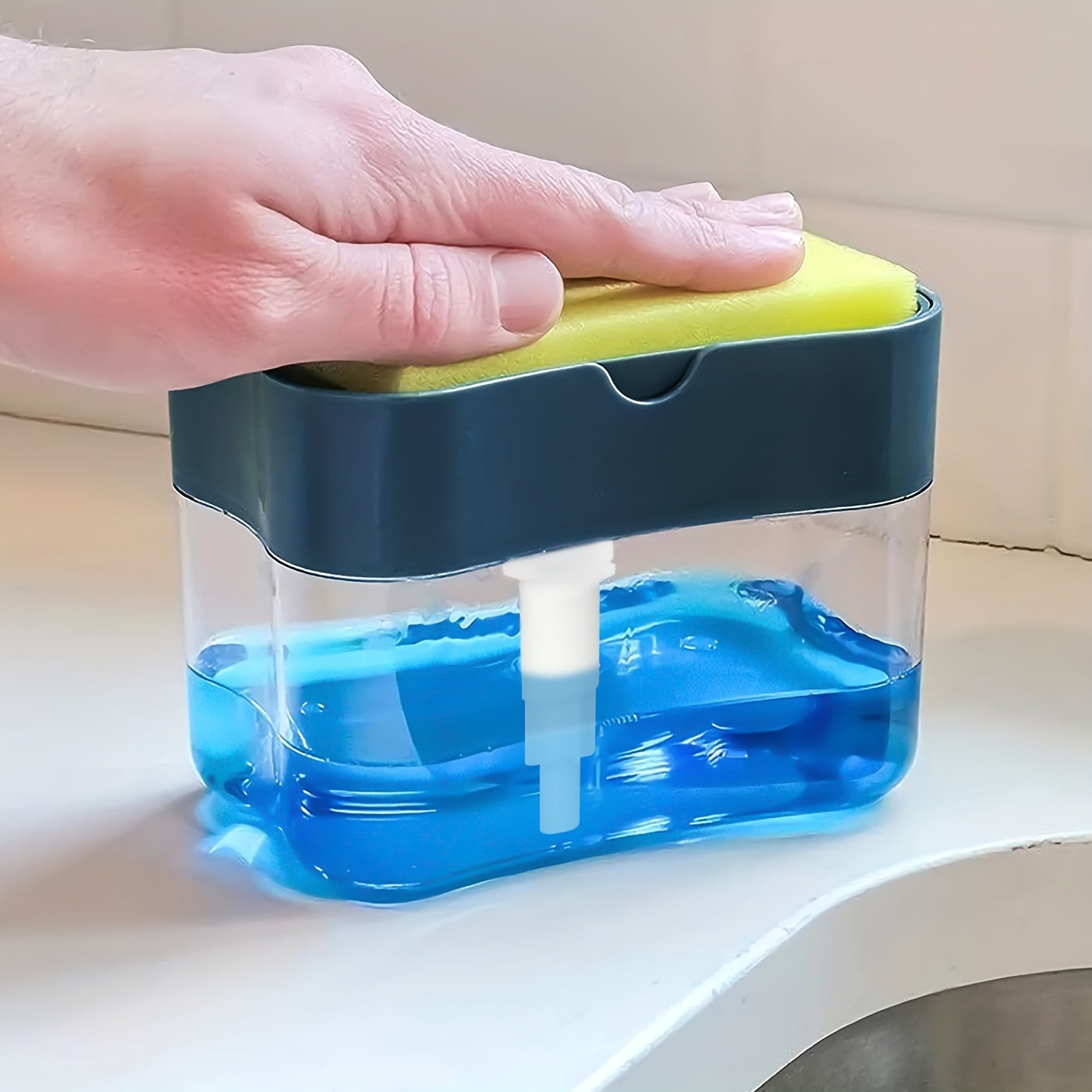 Modern Plastic Dish Soap Dispenser with Sponge Holder, Lightweight Square Kitchen Sink Accessory, Space-Themed Solid Colour Design, Hand Wash Only
