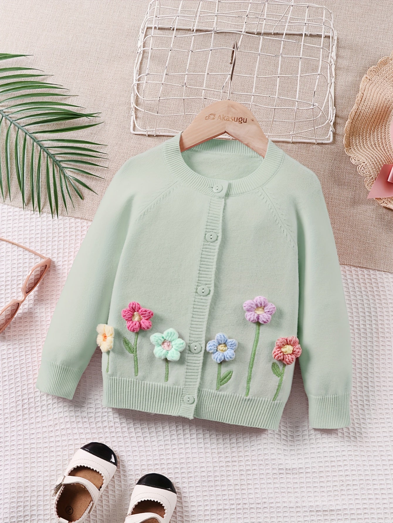 Girls' Beige Cardigan Sweater with Collar & Flower Patches - Sweet Smock Dress Style Jacket, Soft Button-Front Closure for, Parties, - Cozy Fall Winter Outerwear (Pink/Yellow/Blue/Purple) - No-Sew Applique Design