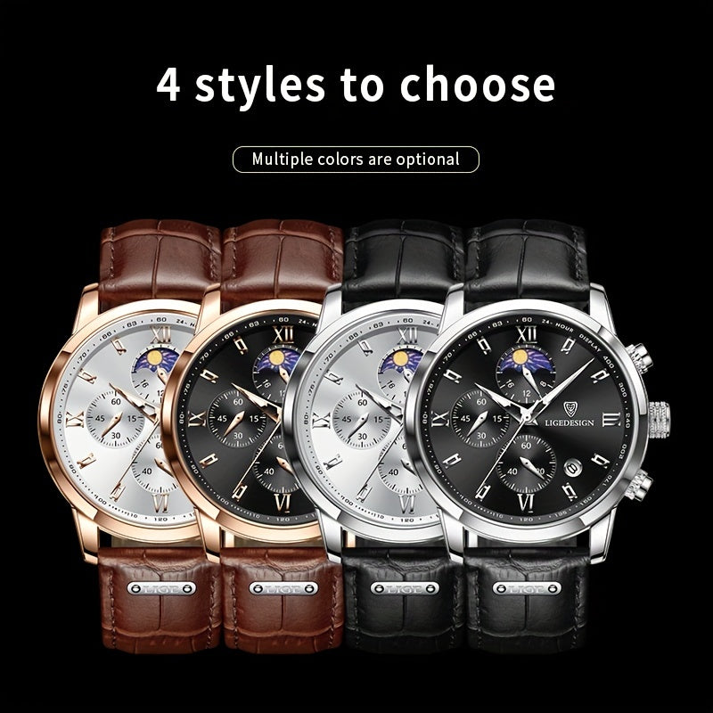 LIGE Men'S Quartz Watch | Vintage Style | Multi-Functional Chronograph | 30m | Calendar & Moon Phase | High-Quality Strap | Zinc Alloy Case, Electronic Drive | Non-rechargeable Button Battery | Luxury Business Watch, Business
