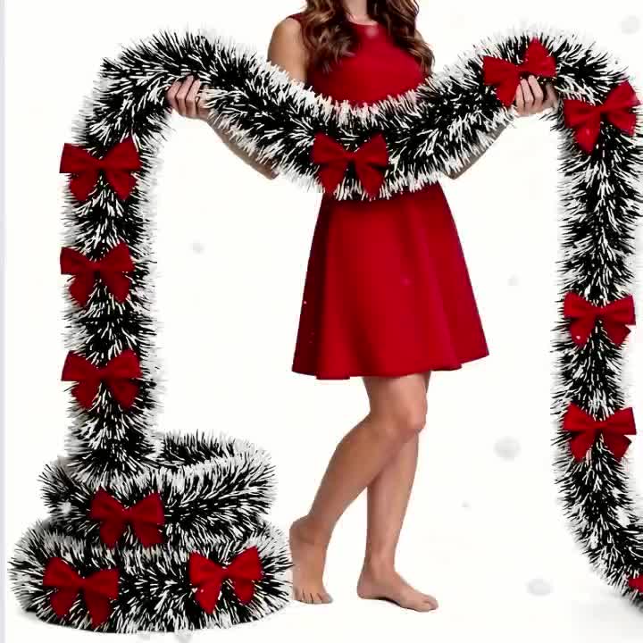 2-Piece Bow Christmas Rattan Garland, Total Length 10.0 meter, 1-Piece 196.85-Inch Dark Green and White Snowflake Christmas Flower Vine Decoration, No Lights Artificial Wreath for Indoor/Outdoor Use, High-Quality Soft Green H