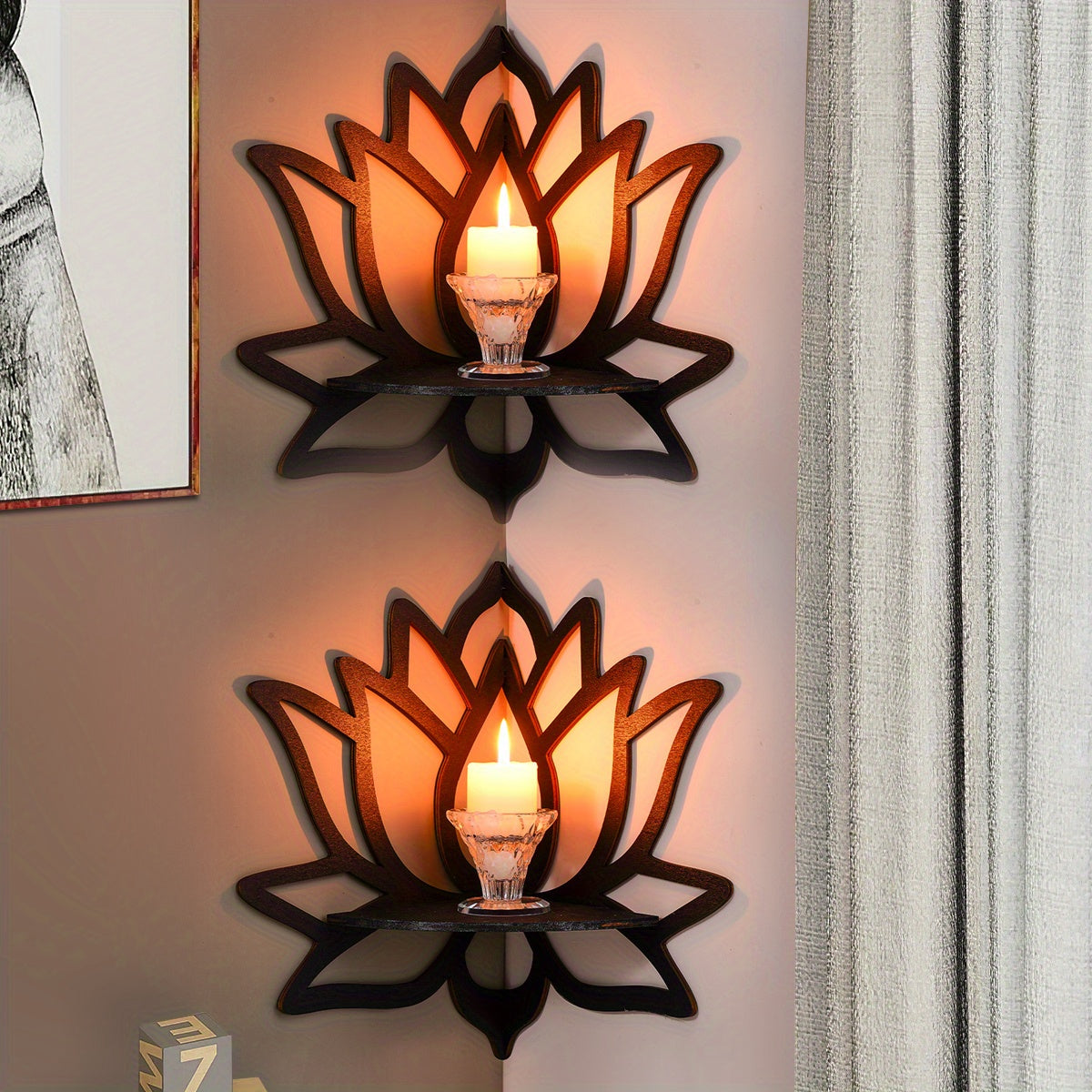 2pcs Black Lotus-Shaped Shelves, Wooden Material Lotus Wall Decoration Hangings, Flower Wall-Mounted Display Racks (Nails Not Included), DIY Assembled Wooden Crafts Hangings, Corner Wall-Mounted Decorations for Home, Used As
