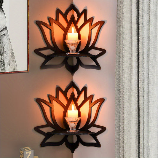 2pcs Black Lotus-Shaped Shelves, Wooden Material Lotus Wall Decoration Hangings, Flower Wall-Mounted Display Racks (Nails Not Included), DIY Assembled Wooden Crafts Hangings, Corner Wall-Mounted Decorations for Home, Used As