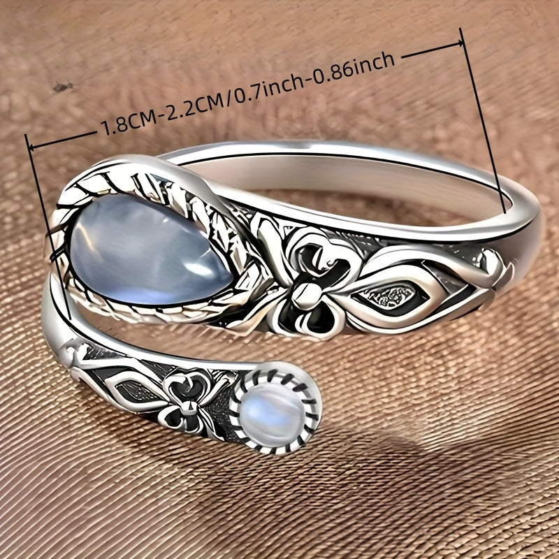 Bohemian Flower Moonstone Ring for Women - Adjustable Open Ring with White Copper, Vintage-Inspired Design for Daily Wear & Special Occasions, Vintage Jewelry, Bohemian Style, Moonstone Accent