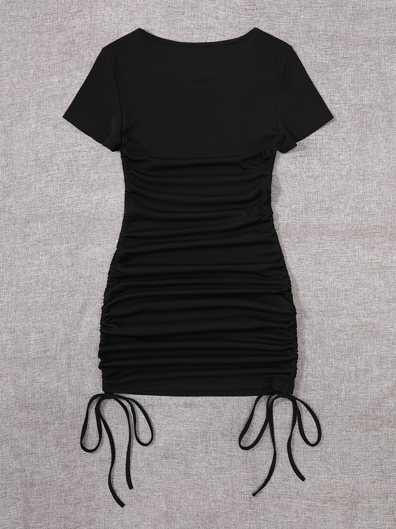 Drawstring Ruched Skinny Dress, Solid Short Sleeve Crew Neck Dress, Women's Clothing