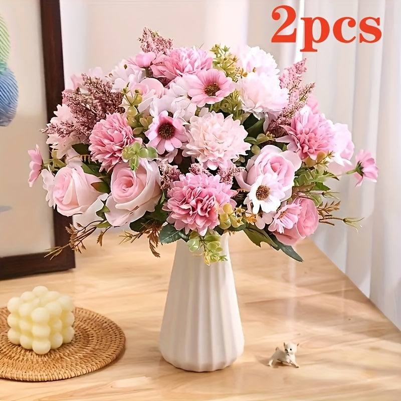 2 Bouquets of Vibrant Pink and White Peonies - Real Touch Artificial Flower Arrangement with Roses, Lavender, and Eucalyptus - Perfect for Weddings, Birthdays, Anniversaries, Mother'S Day - Indoor/Outdoor Decor, Holiday Celeb