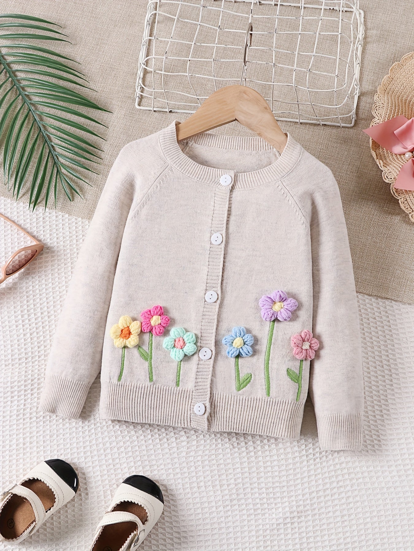 Girls' Beige Cardigan Sweater with Collar & Flower Patches - Sweet Smock Dress Style Jacket, Soft Button-Front Closure for, Parties, - Cozy Fall Winter Outerwear (Pink/Yellow/Blue/Purple) - No-Sew Applique Design