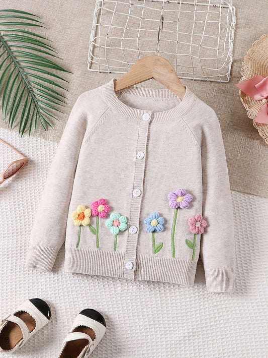 Girls' Beige Cardigan Sweater with Collar & Flower Patches - Sweet Smock Dress Style Jacket, Soft Button-Front Closure for, Parties, - Cozy Fall Winter Outerwear (Pink/Yellow/Blue/Purple) - No-Sew Applique Design